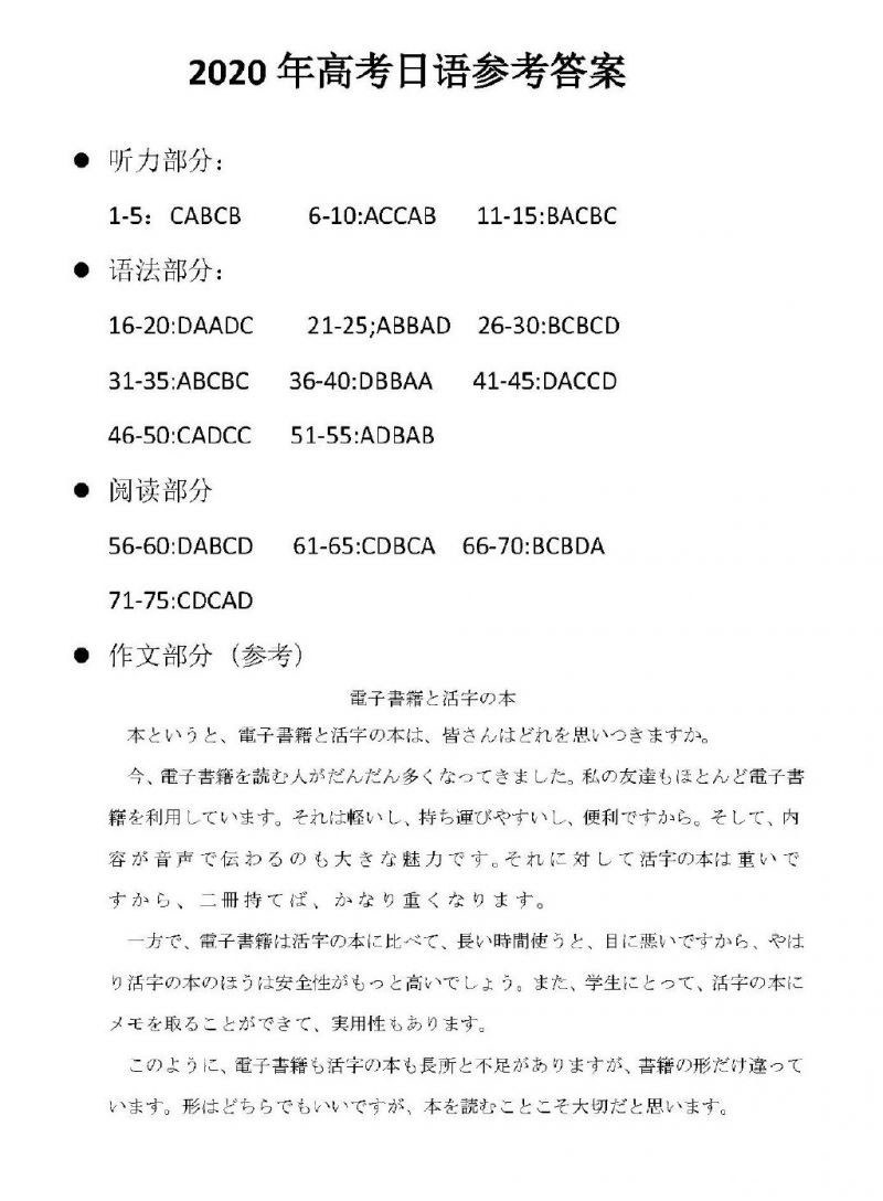 2020年高考日语真题答案全解析