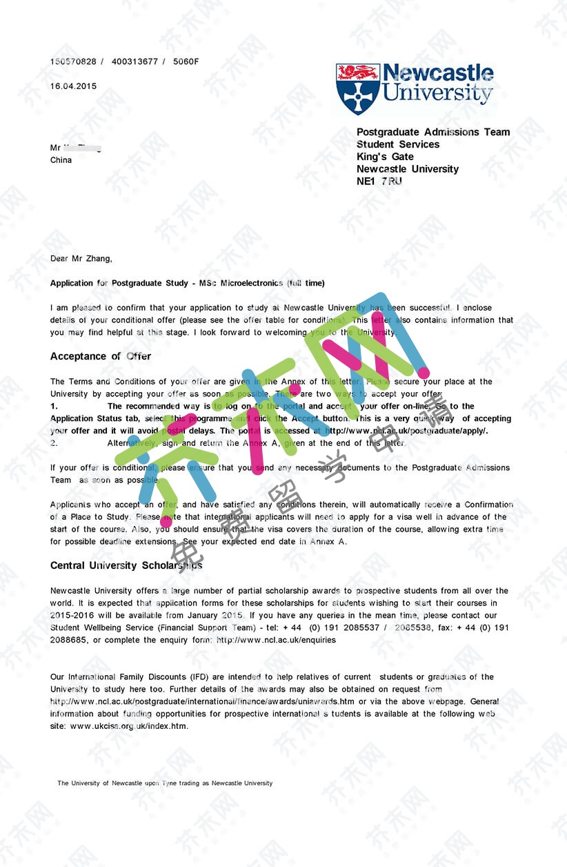 張同學的英國紐卡斯爾大學offer