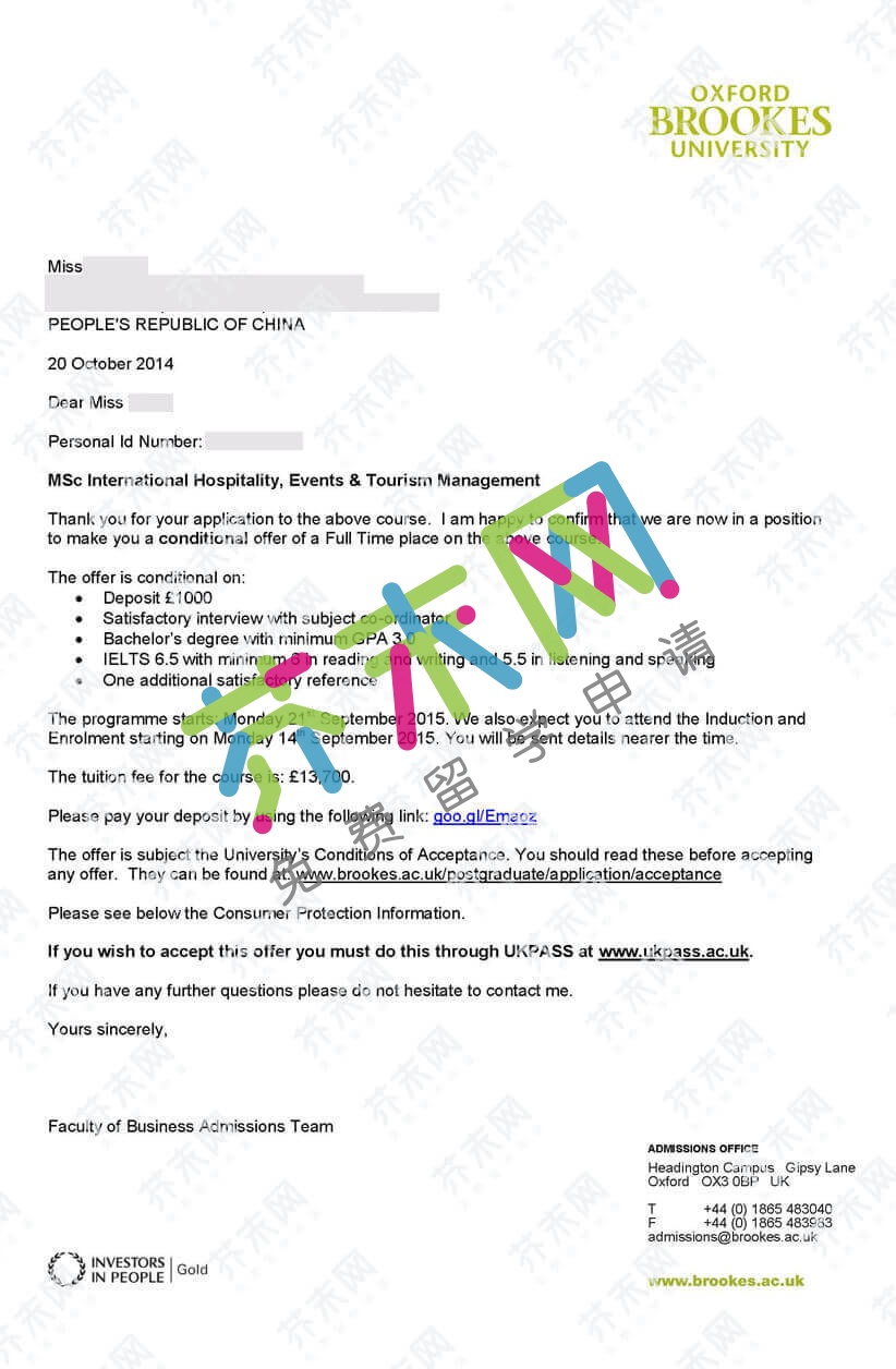 王同學(xué)的牛津布魯克斯大學(xué)offer