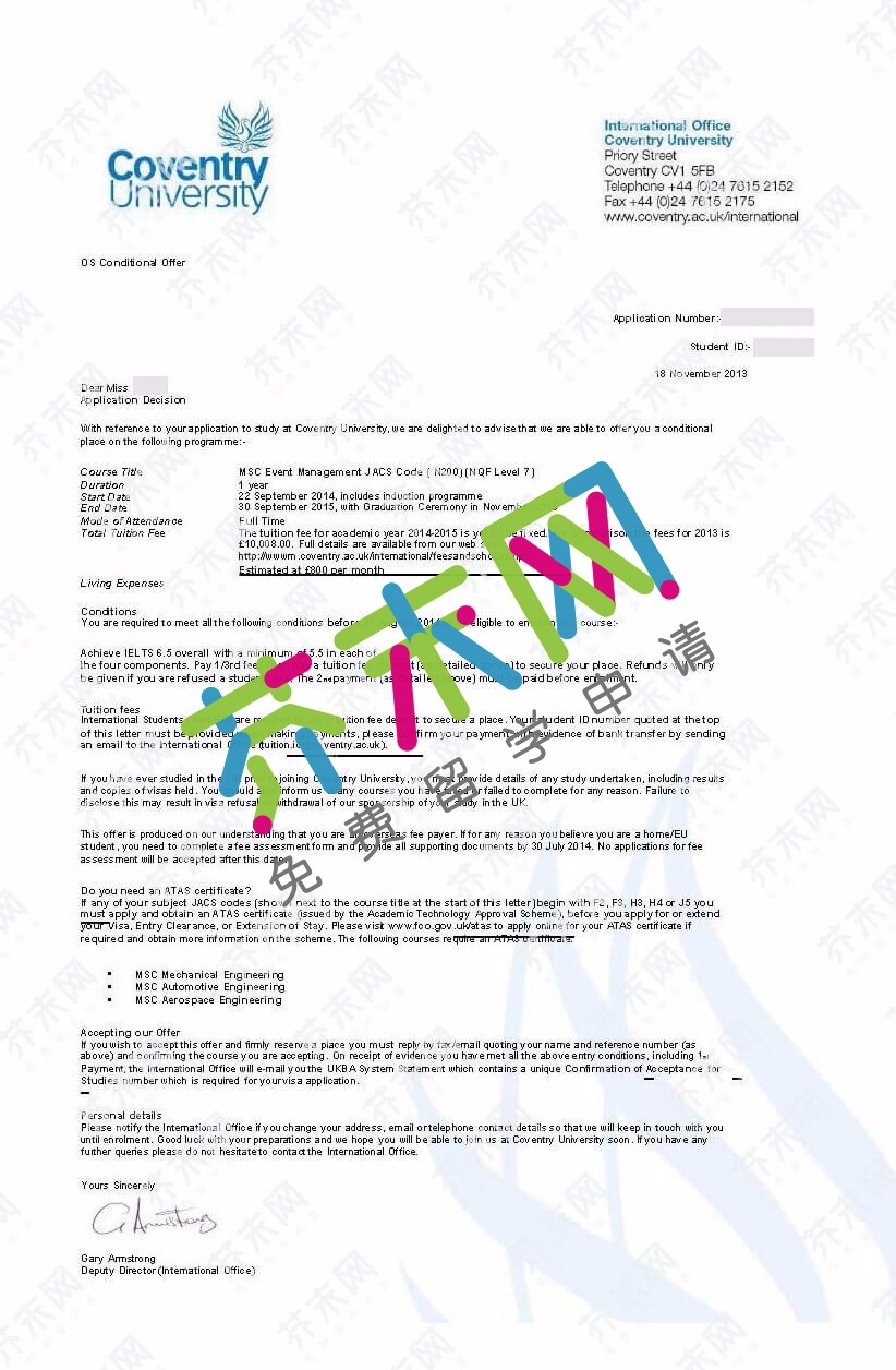 蔡同學的考文垂大學offer