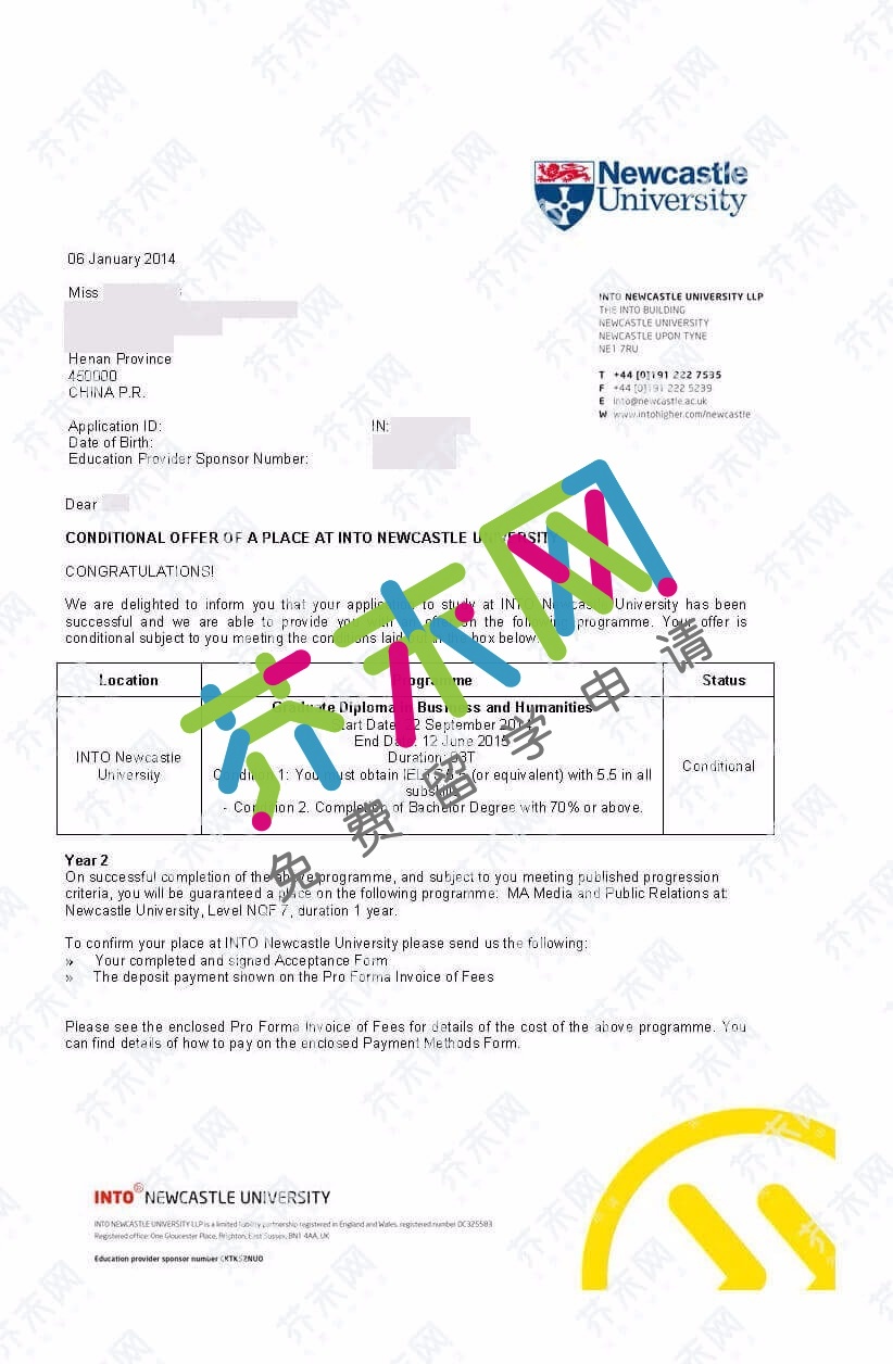 王同学的英国纽卡斯尔大学offer
