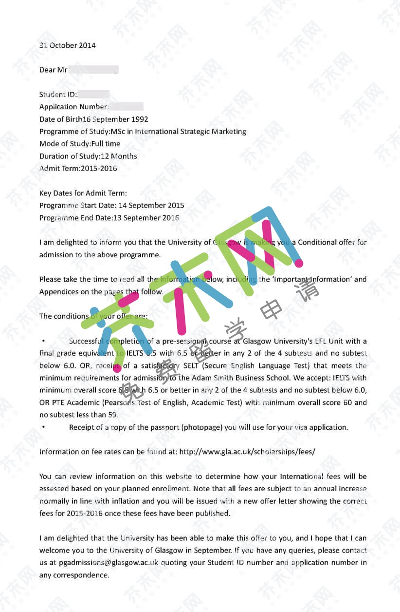 孟同學(xué)的格拉斯哥大學(xué)offer