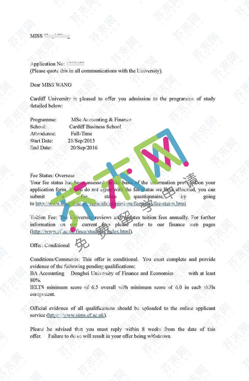 王同學的卡迪夫大學offer