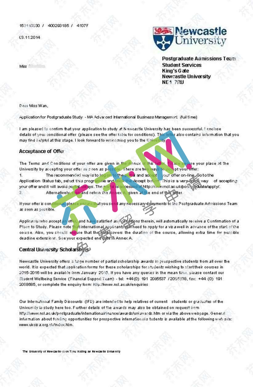 万同学的英国纽卡斯尔大学offer