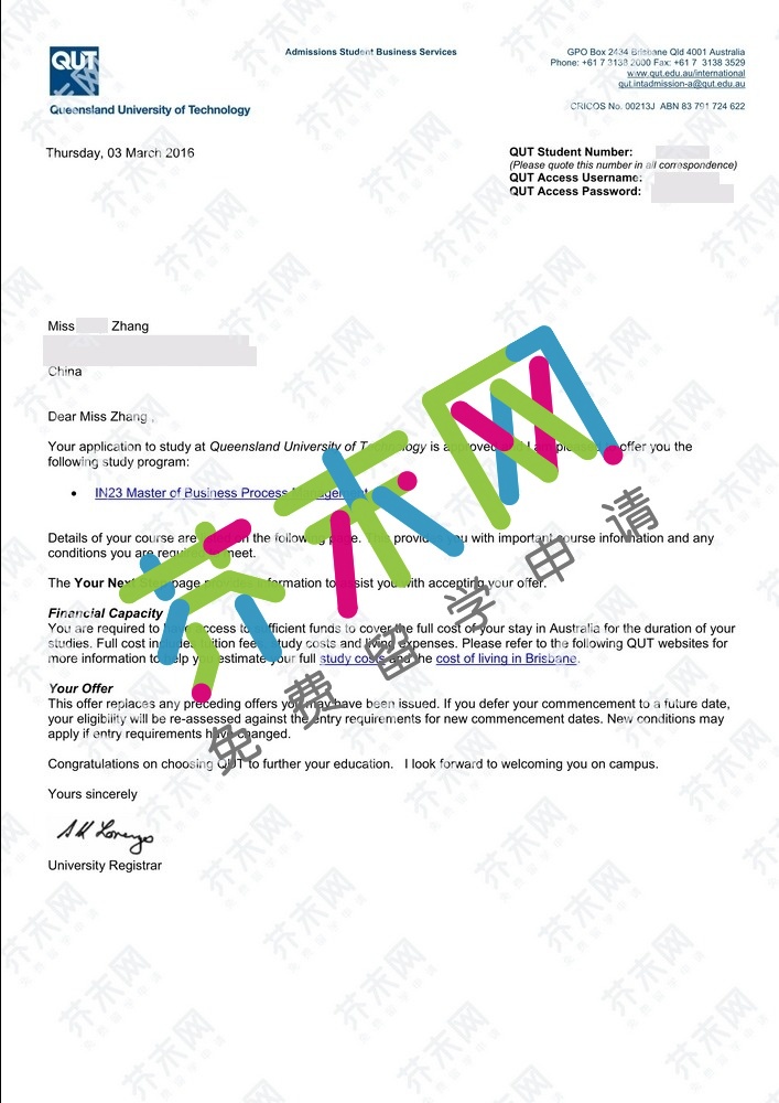 张同学的昆士兰科技大学offer