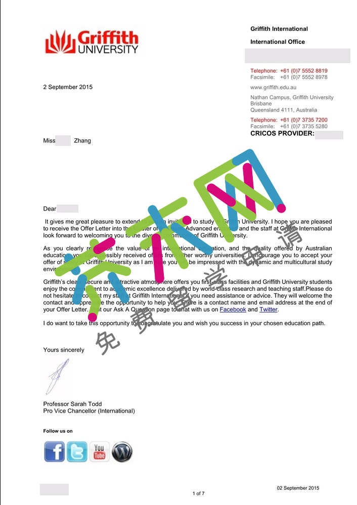 张同学的格里菲斯大学offer