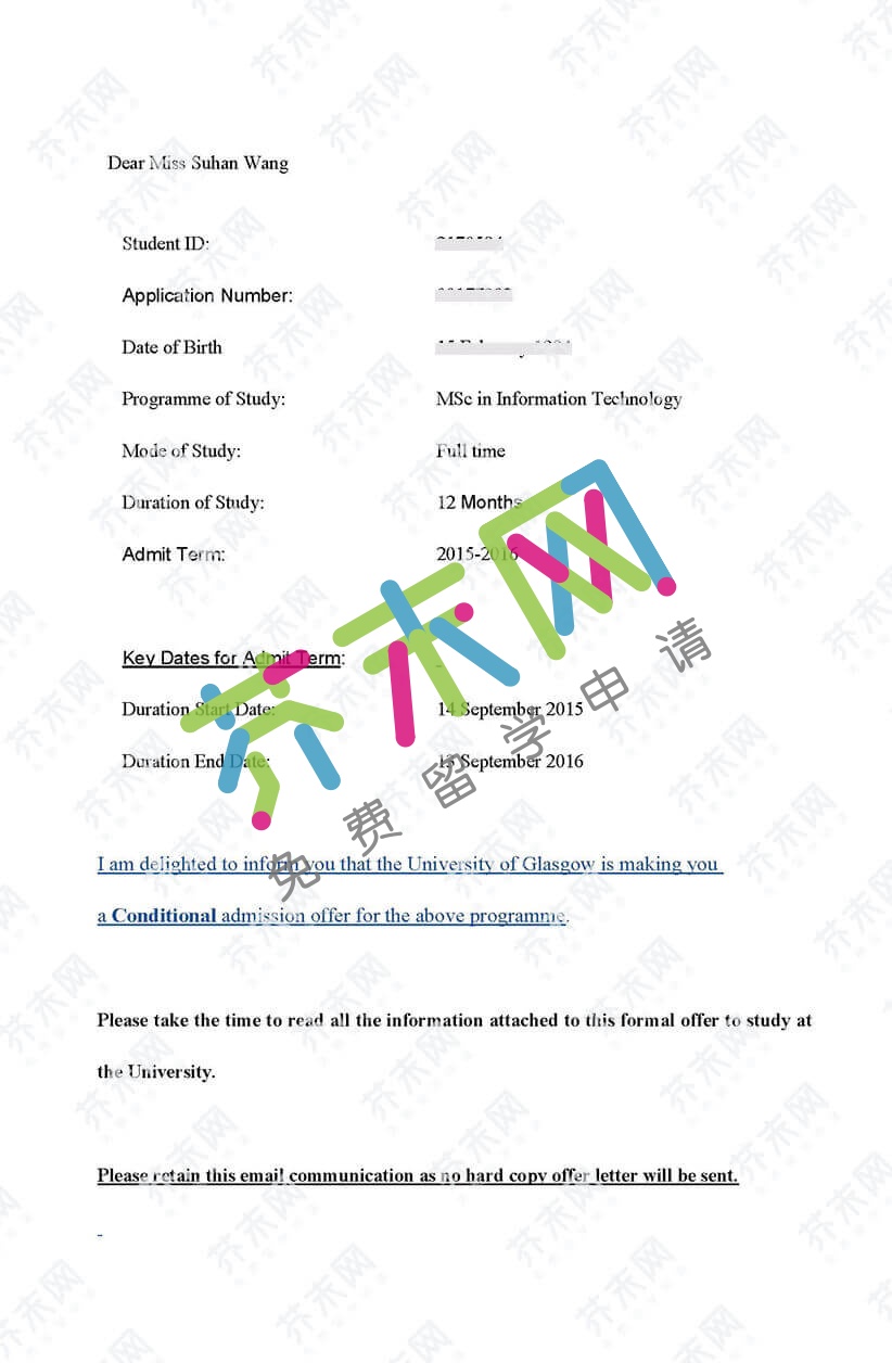 王同學(xué)的格拉斯哥大學(xué)offer