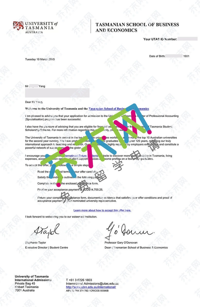杨同学的塔斯马尼亚大学offer