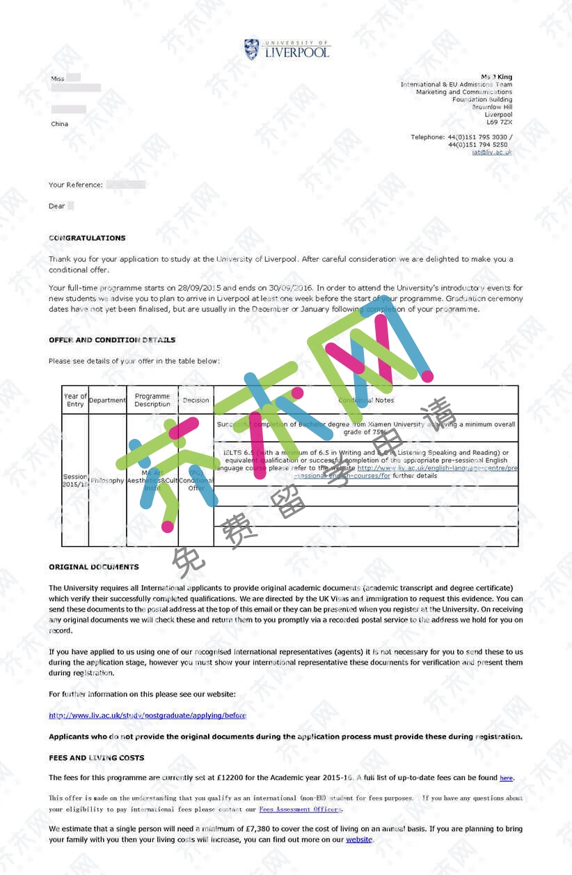李同學(xué)的利物浦大學(xué)offer