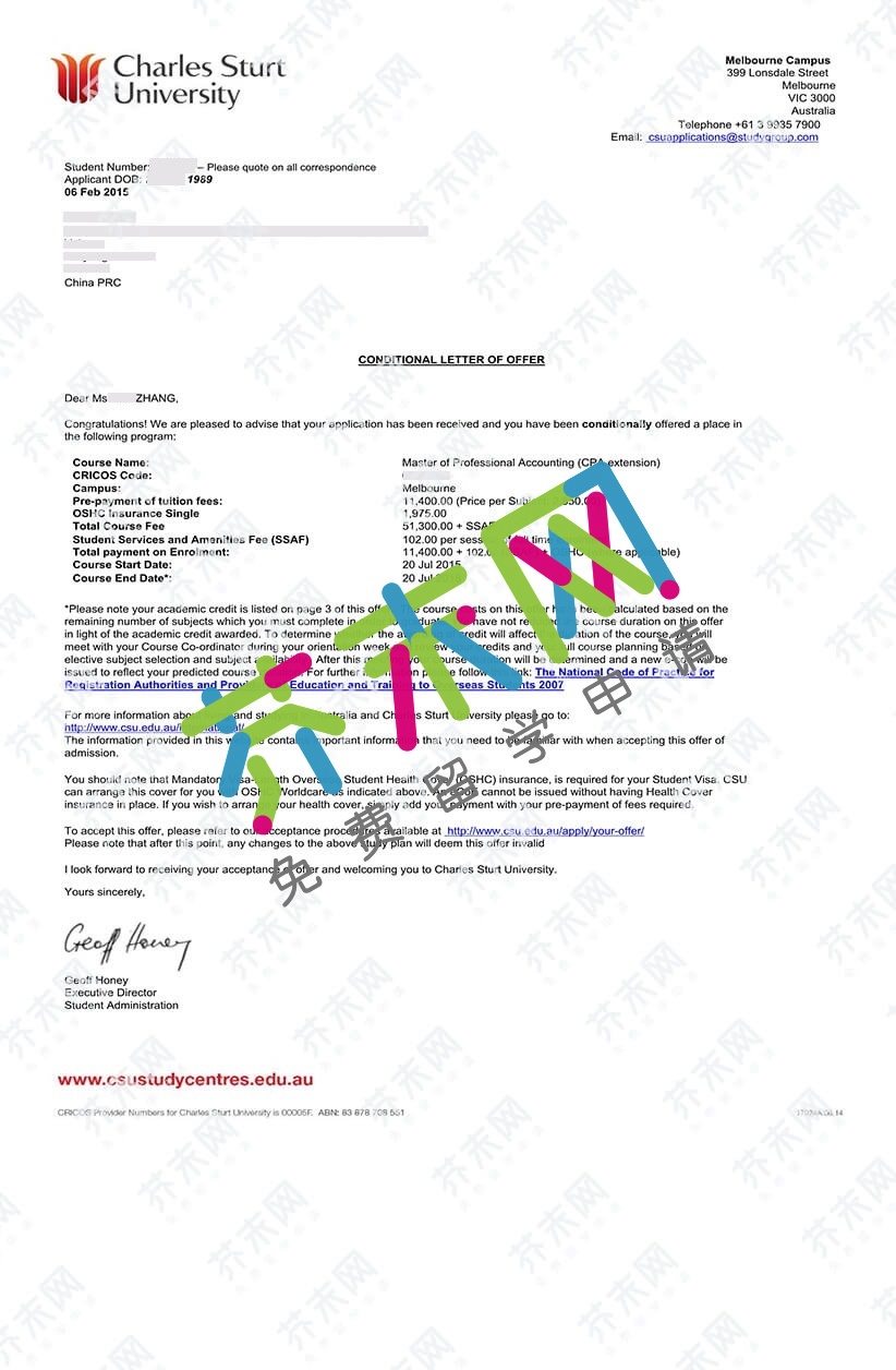 章同学的查尔斯特大学offer