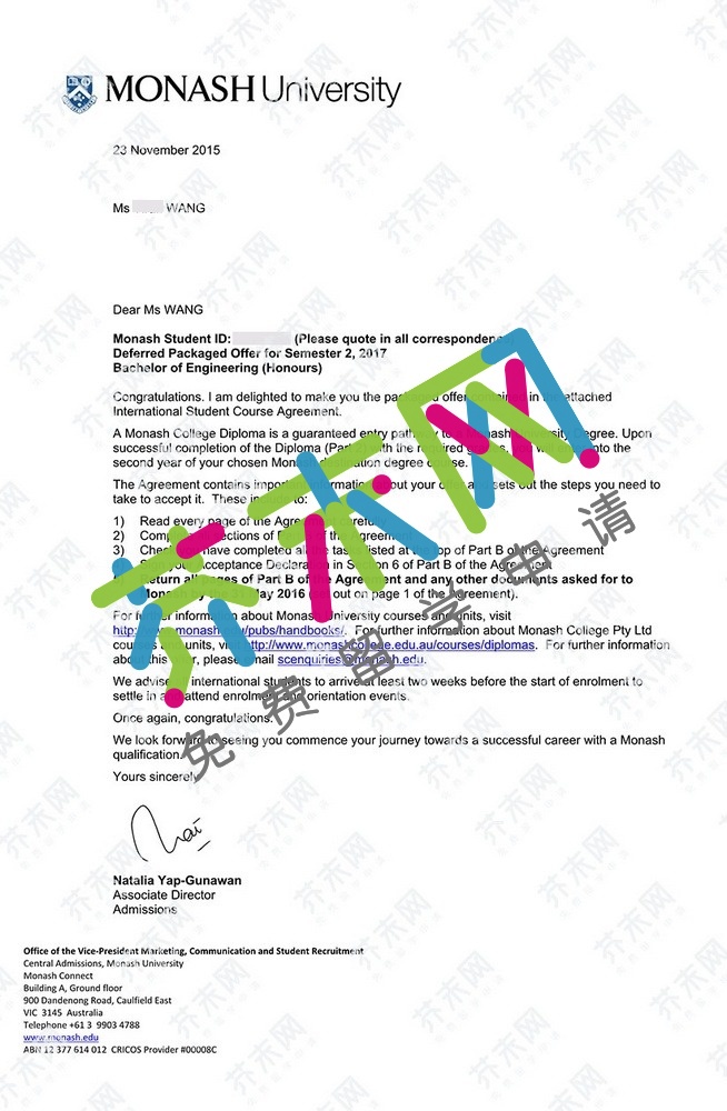 王同學的莫納什大學offer