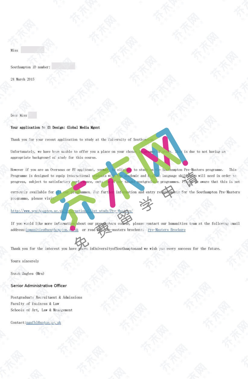 赵同学的南安普顿大学offer