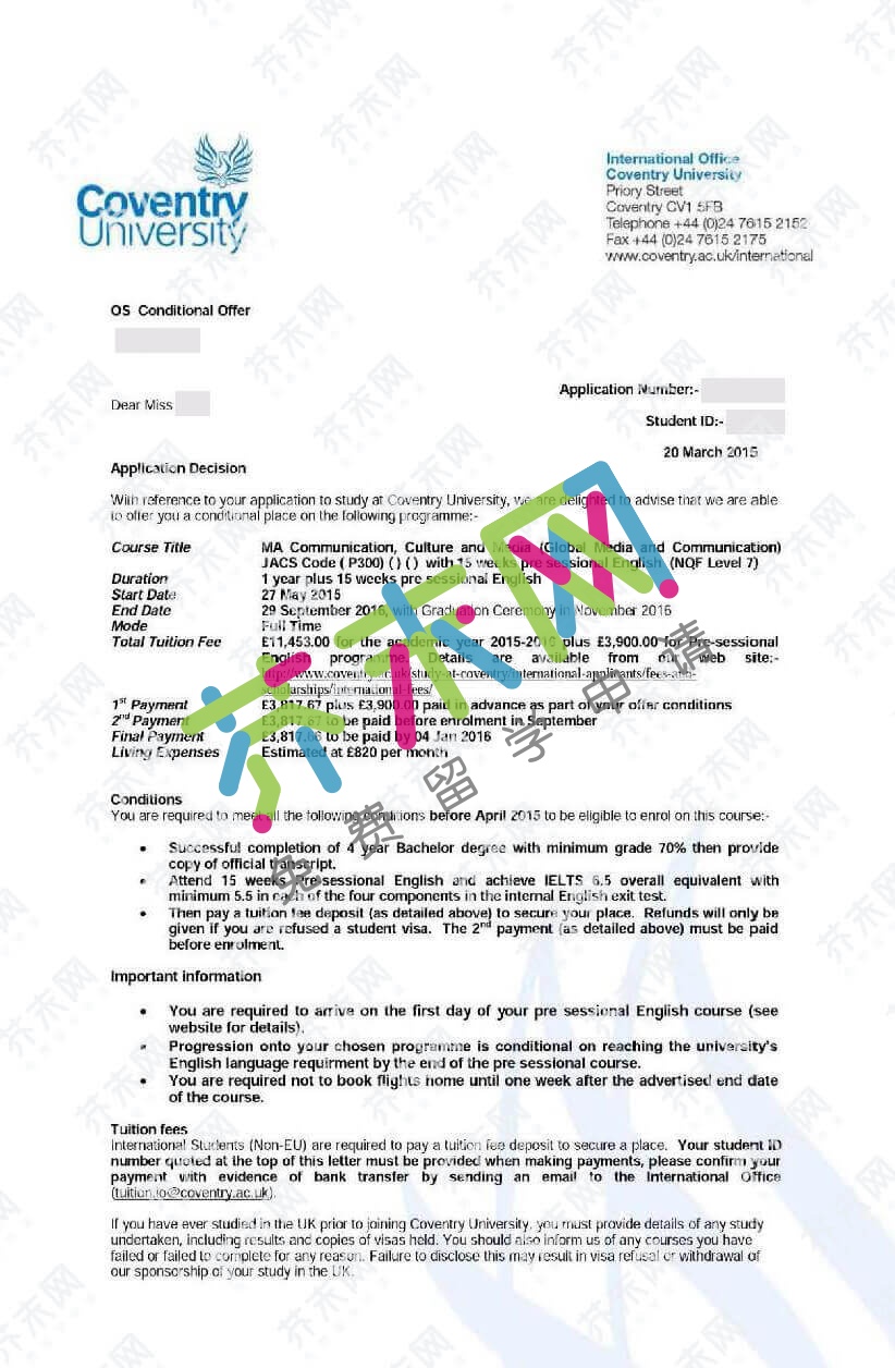 赵同学的考文垂大学offer