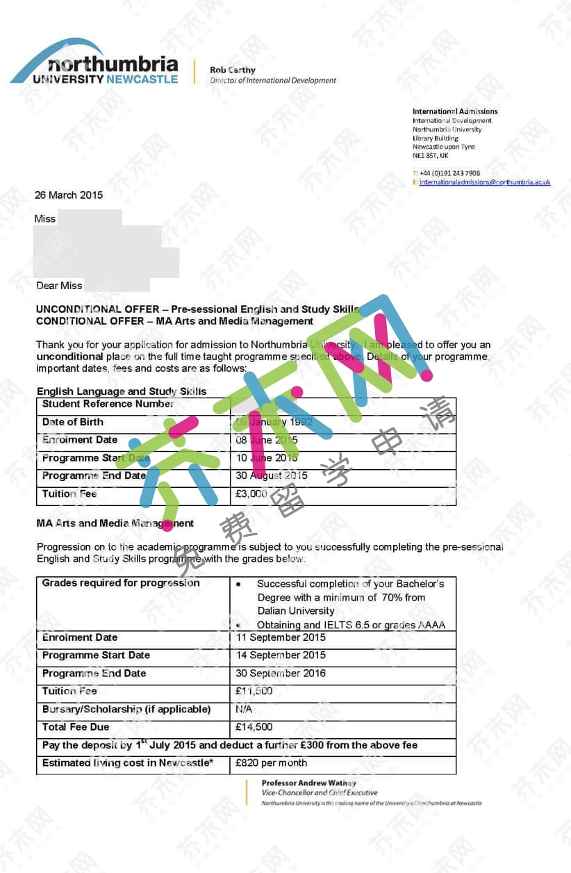 赵同学的诺森比亚大学offer