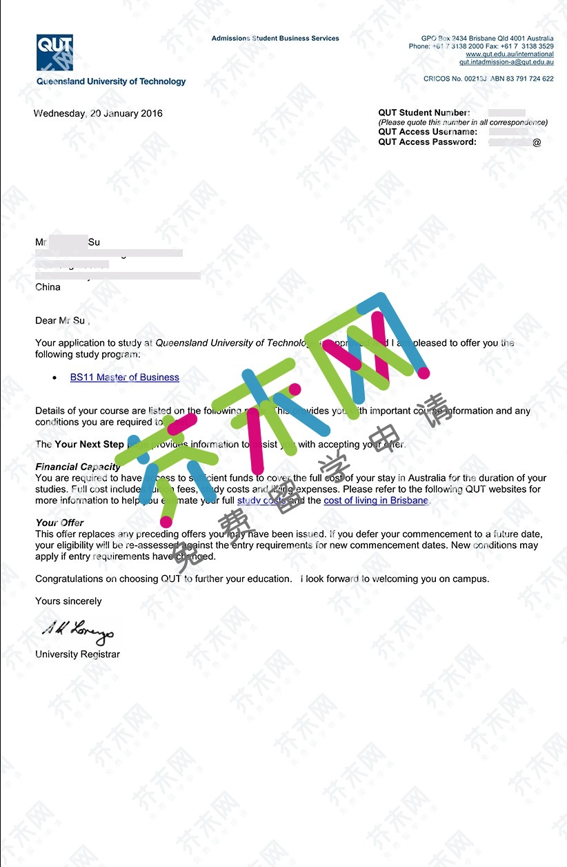 苏同学的昆士兰科技大学offer