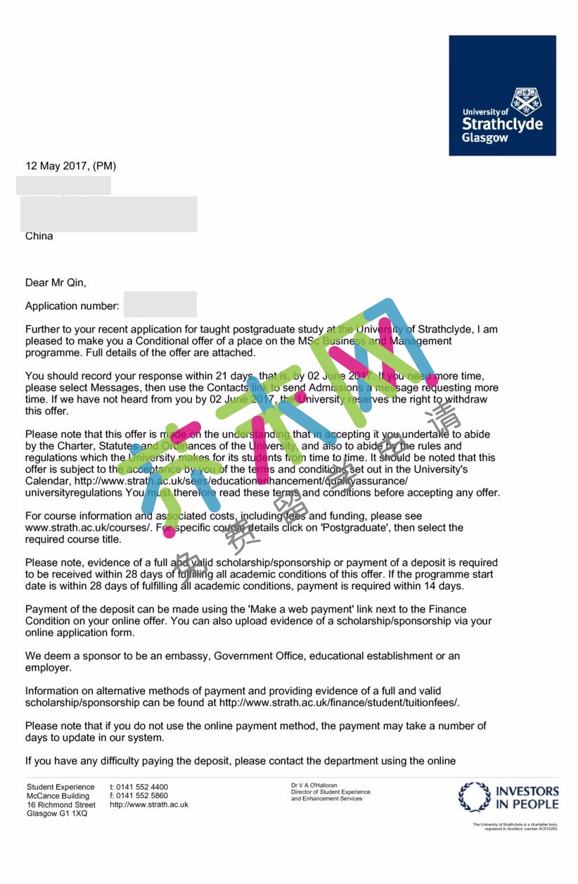 秦同學的斯特拉思克萊德大學offer