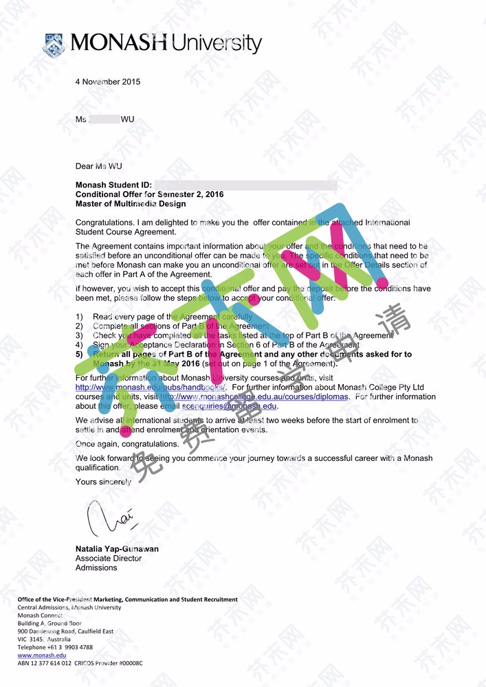 吴同学的莫纳什大学offer