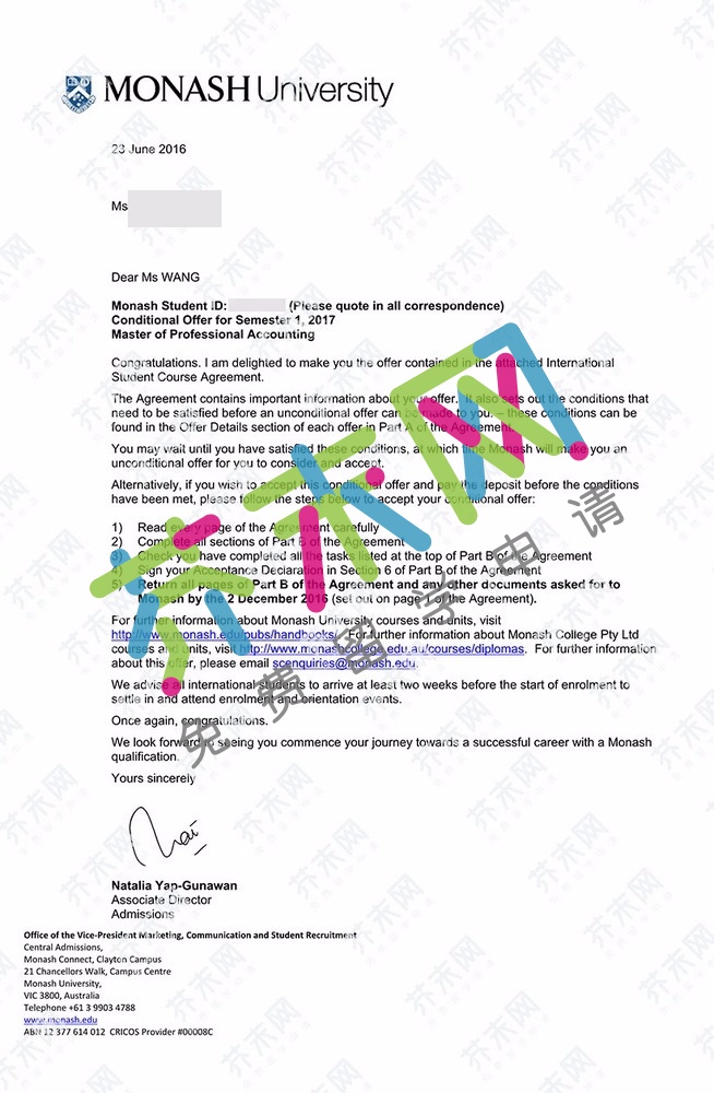王同學(xué)的莫納什大學(xué)offer