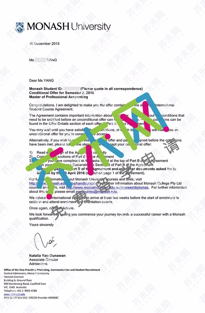 杨同学的莫纳什大学offer