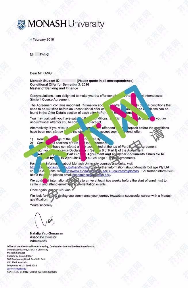 方同學的莫納什大學offer