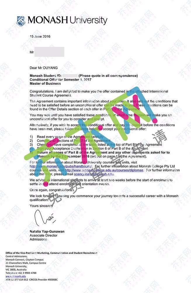 歐同學(xué)的莫納什大學(xué)offer