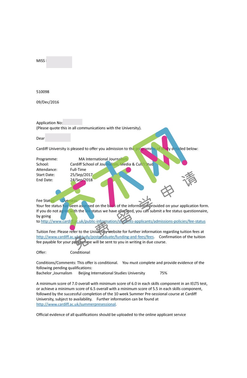 卡迪夫大學(xué)offer 邢同學(xué)的卡迪夫大學(xué)offer