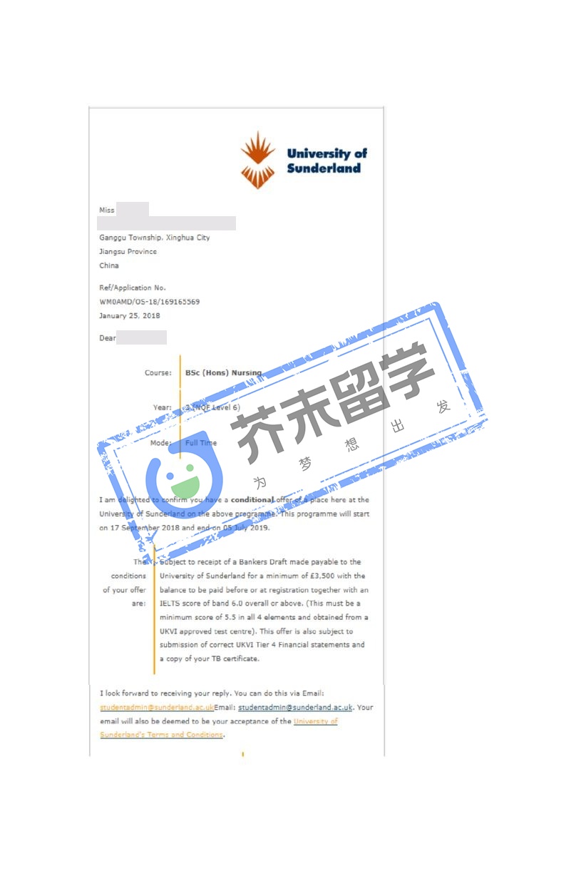 蔣同學的桑德蘭大學offer