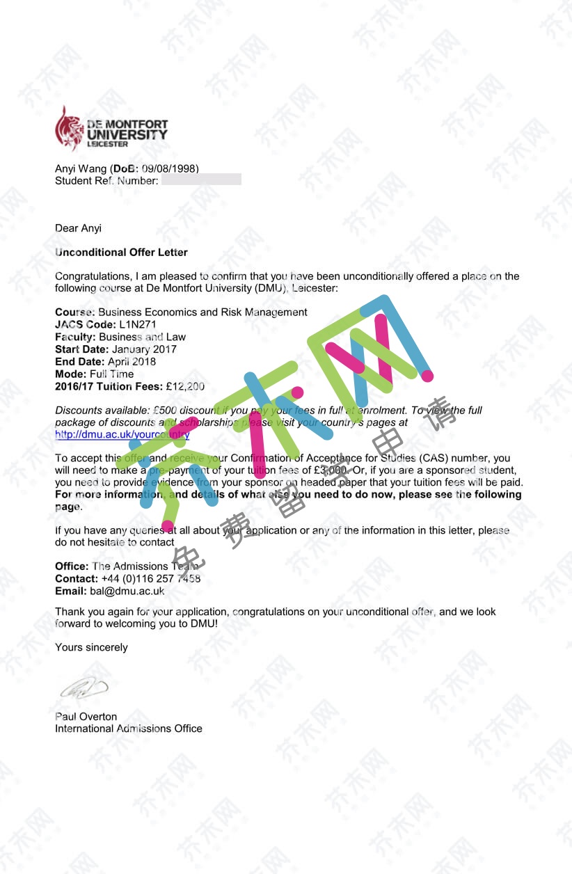 王同學(xué)的德蒙特福德大學(xué)offer