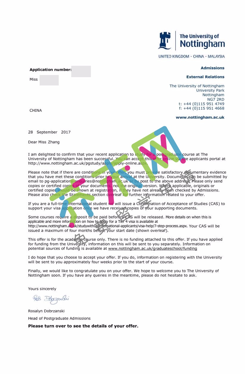 张同学的诺丁汉大学offer