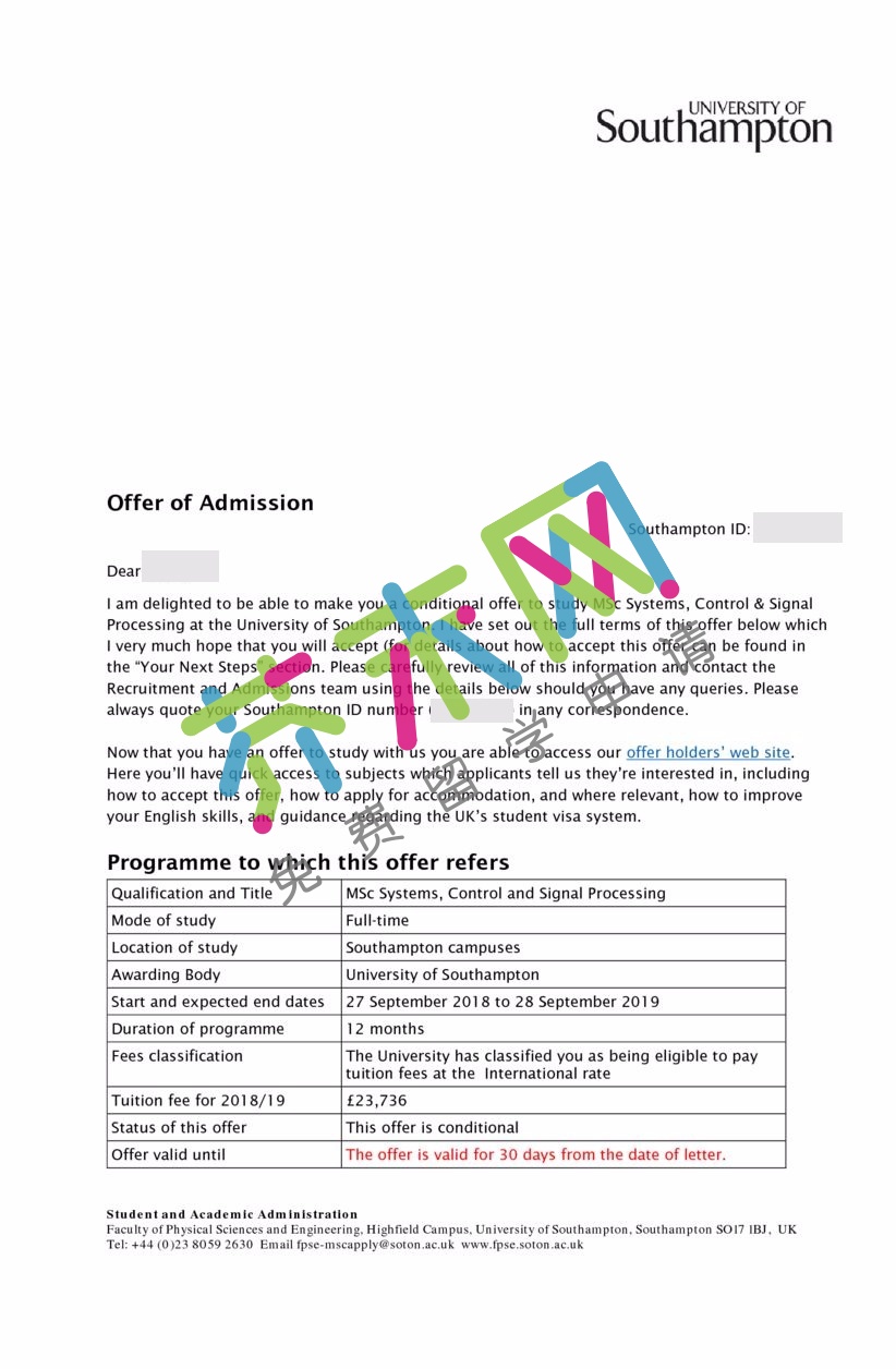 王同学的南安普顿大学offer