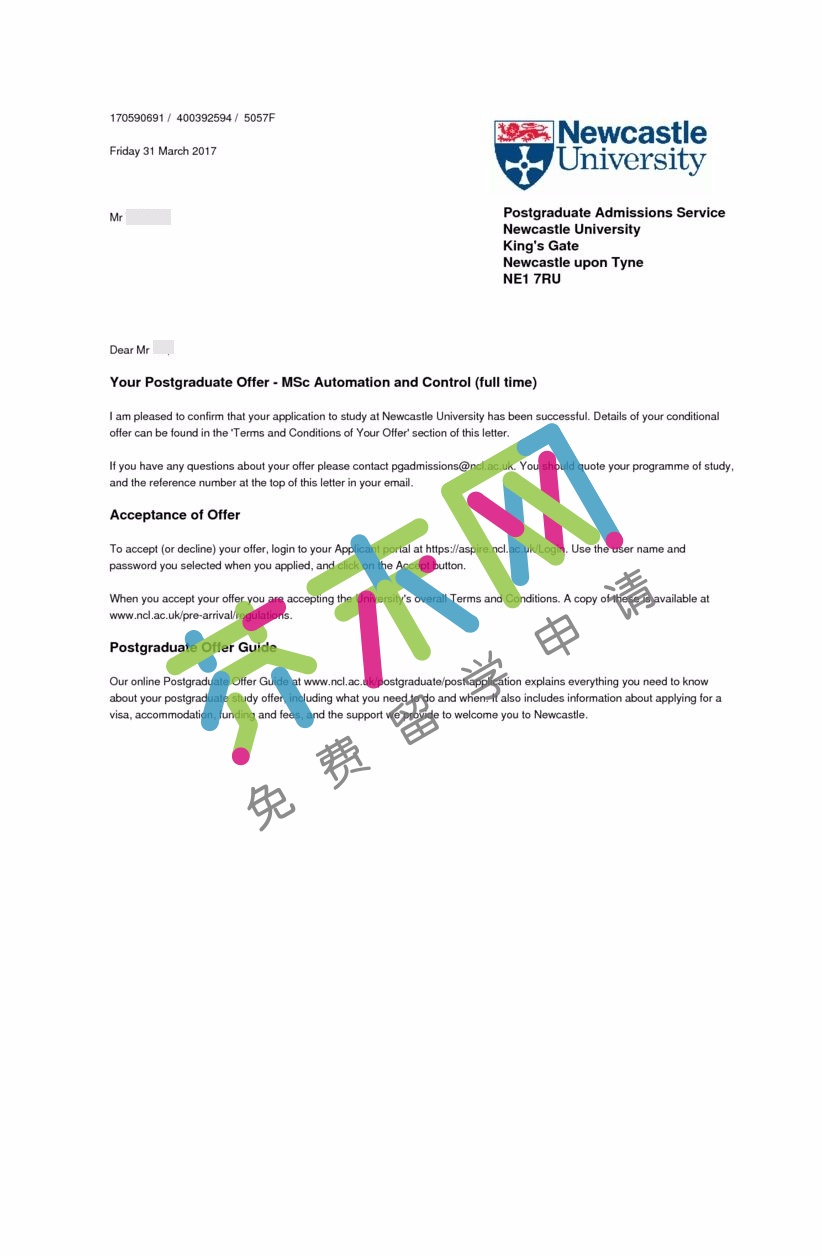 林同学的英国纽卡斯尔大学offer