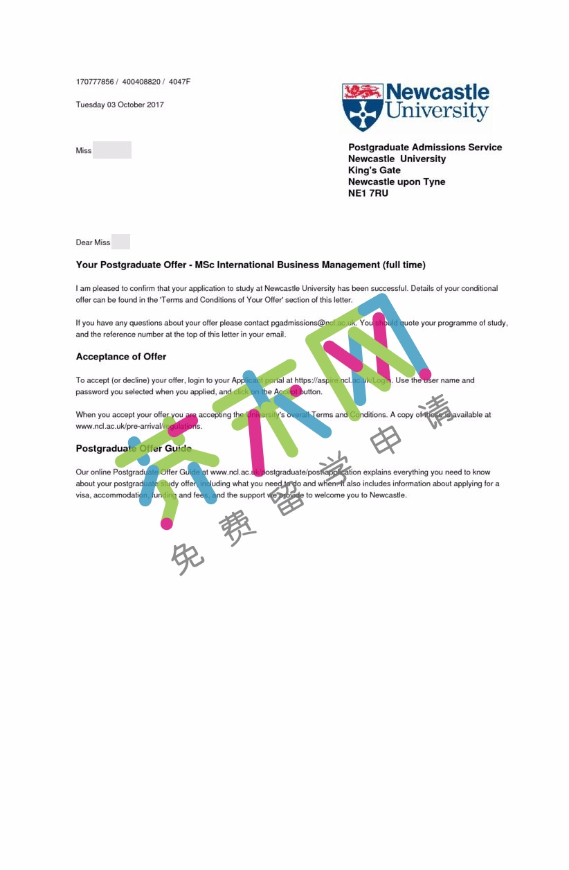俞同学的英国纽卡斯尔大学offer