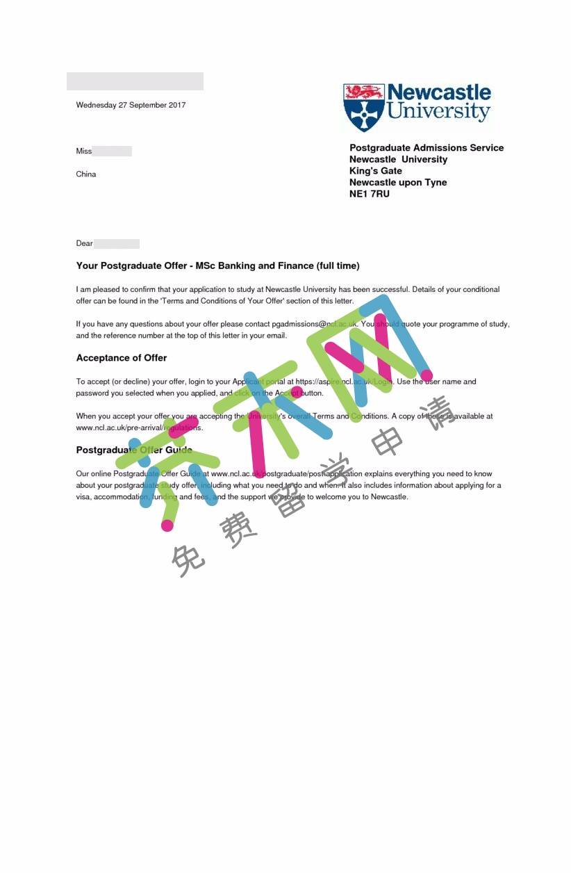 鲍同学的英国纽卡斯尔大学offer
