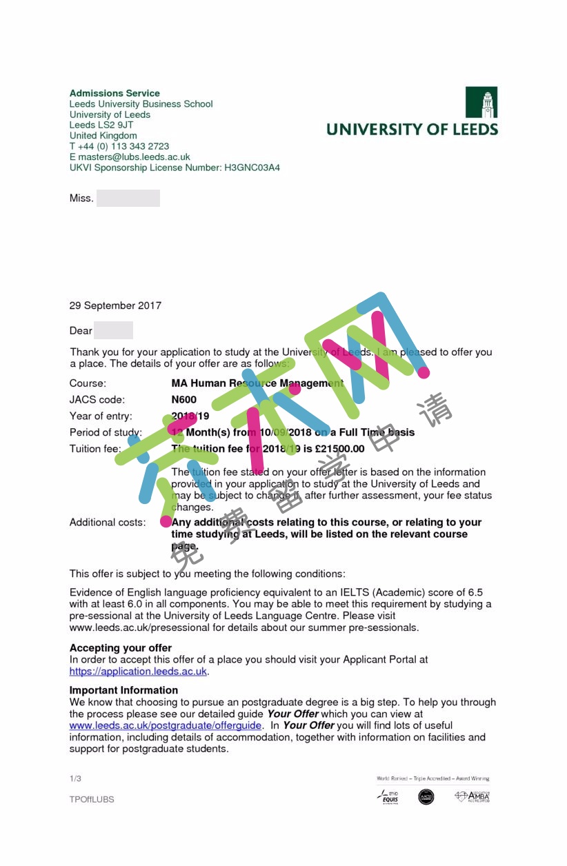 赵同学的利兹大学offer