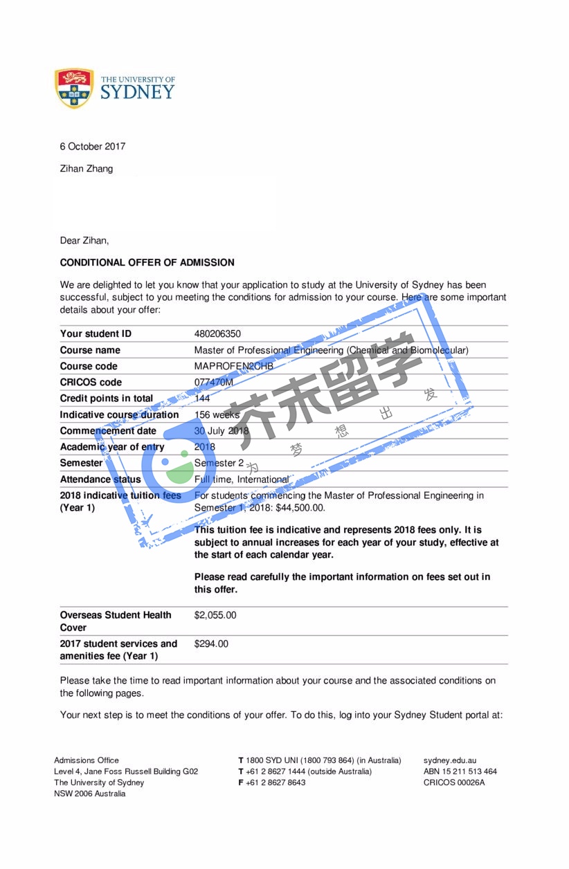 张同学的悉尼大学offer