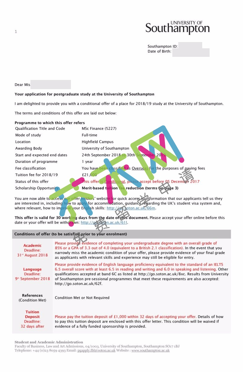 罗同学的南安普顿大学offer