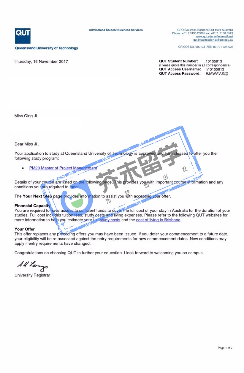 吉同學(xué)的昆士蘭科技大學(xué)offer