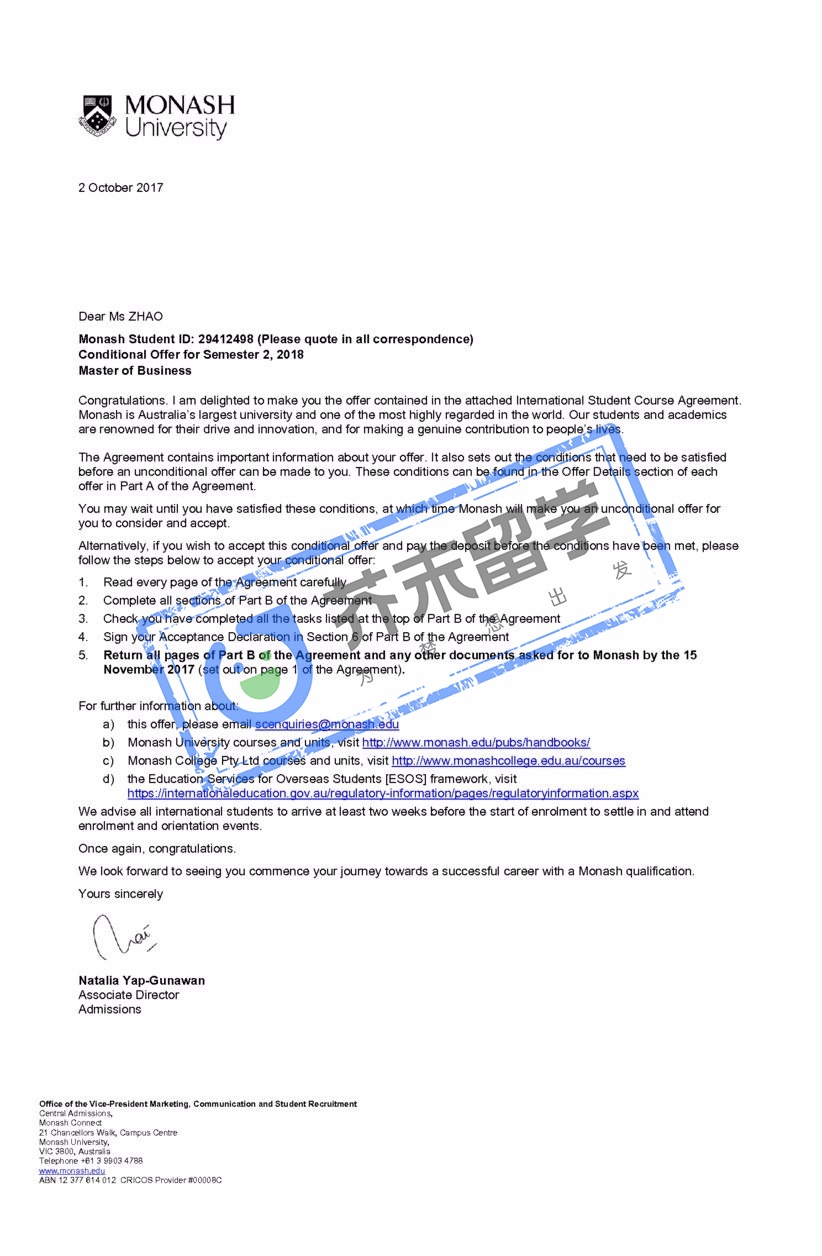 赵同学的莫纳什大学offer