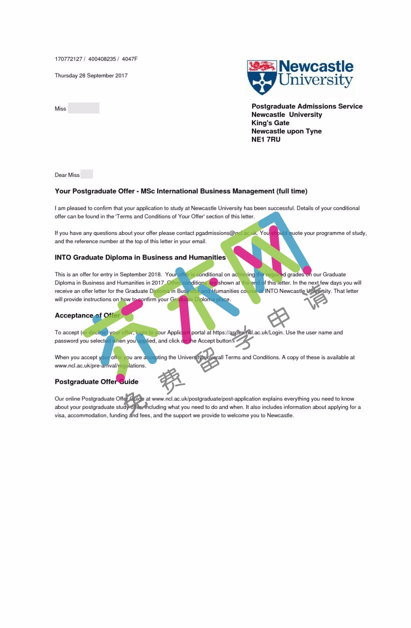 覃同学的英国纽卡斯尔大学offer