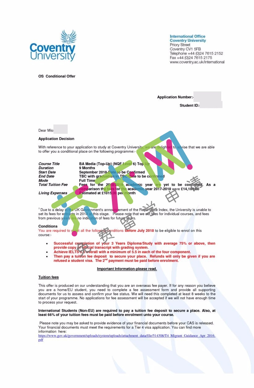 曹同學的考文垂大學offer