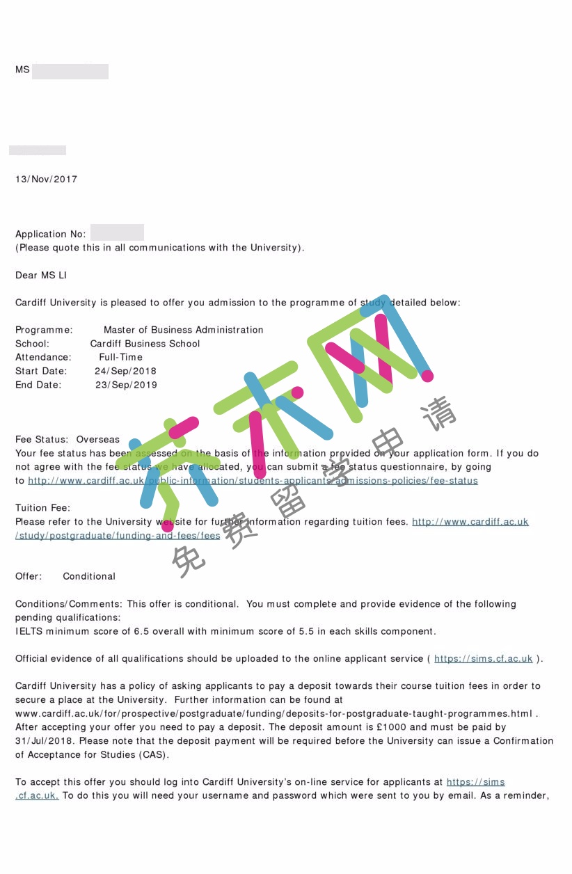 卡迪夫大学offer 李同学的卡迪夫大学offer