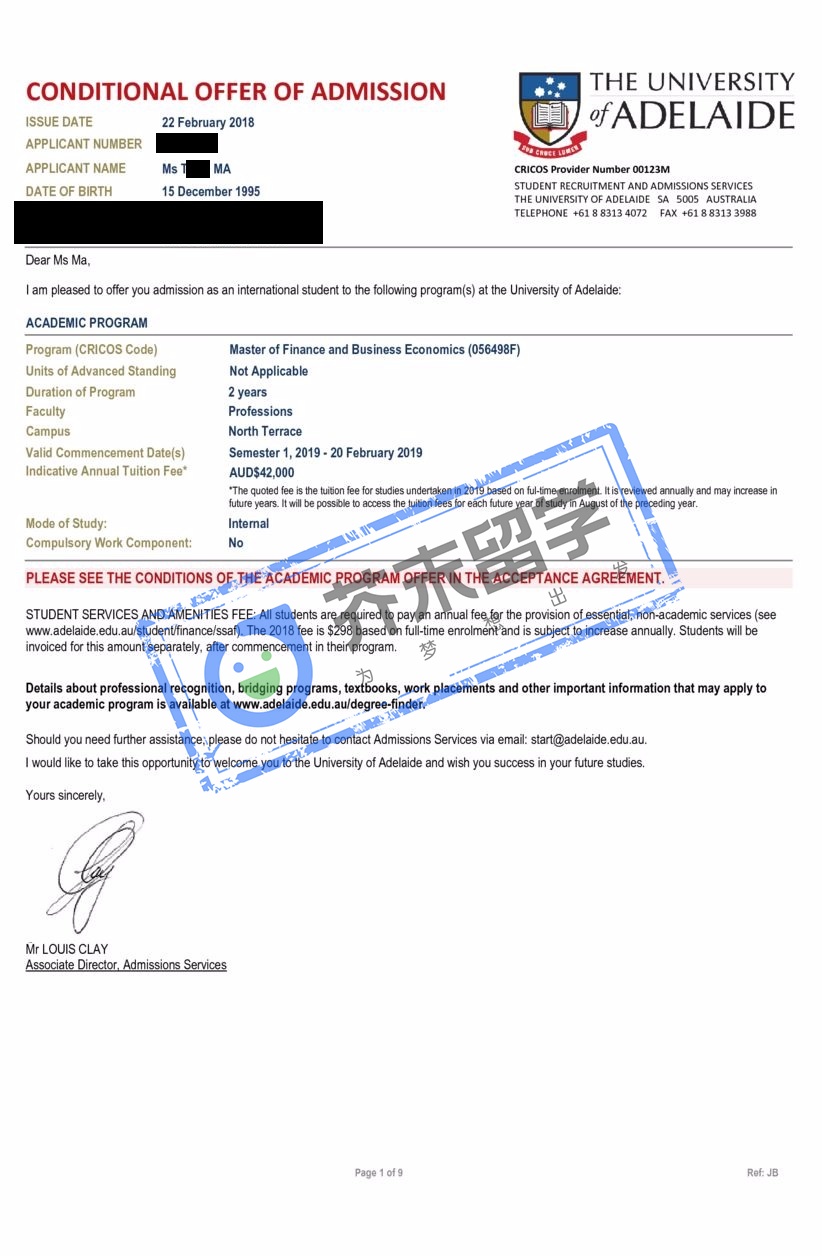 阿德莱德大学offer 马同学的阿德莱德大学offer