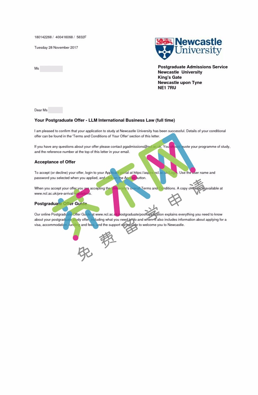 钟同学的英国纽卡斯尔大学offer