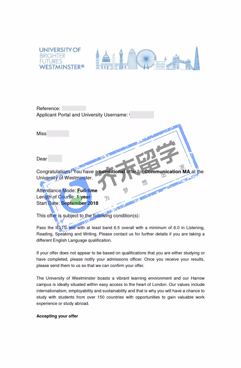 胡同學(xué)的威斯敏斯特大學(xué)offer