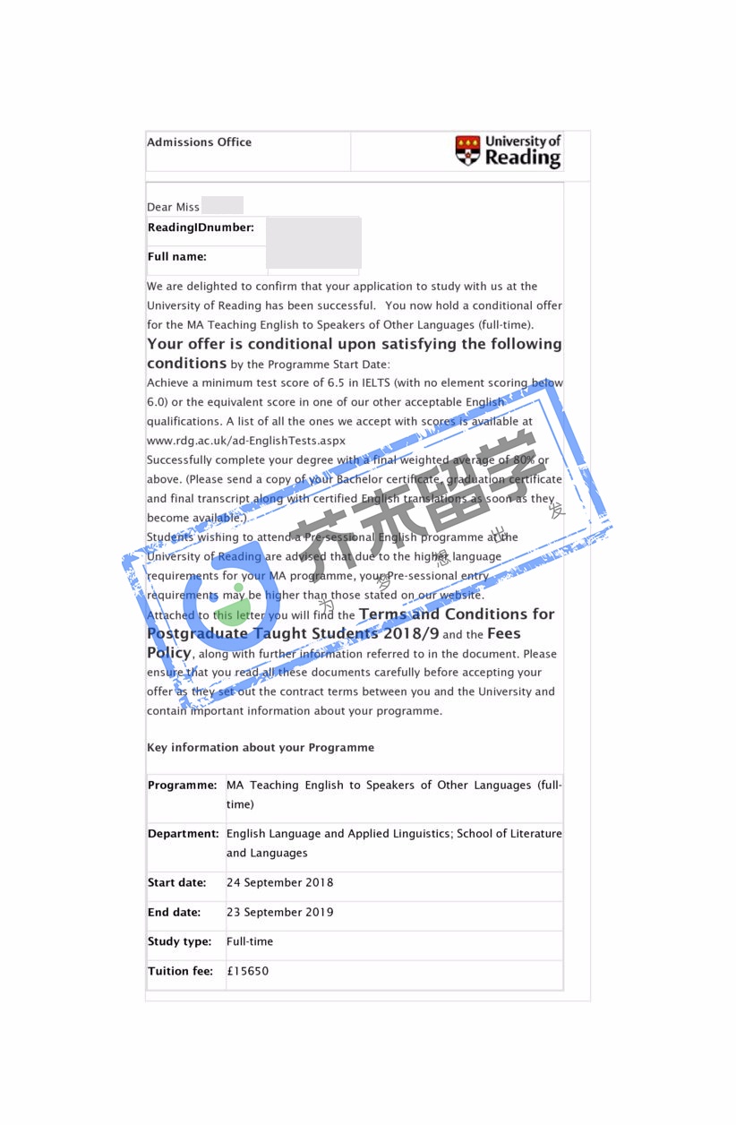 郑同学的雷丁大学offer