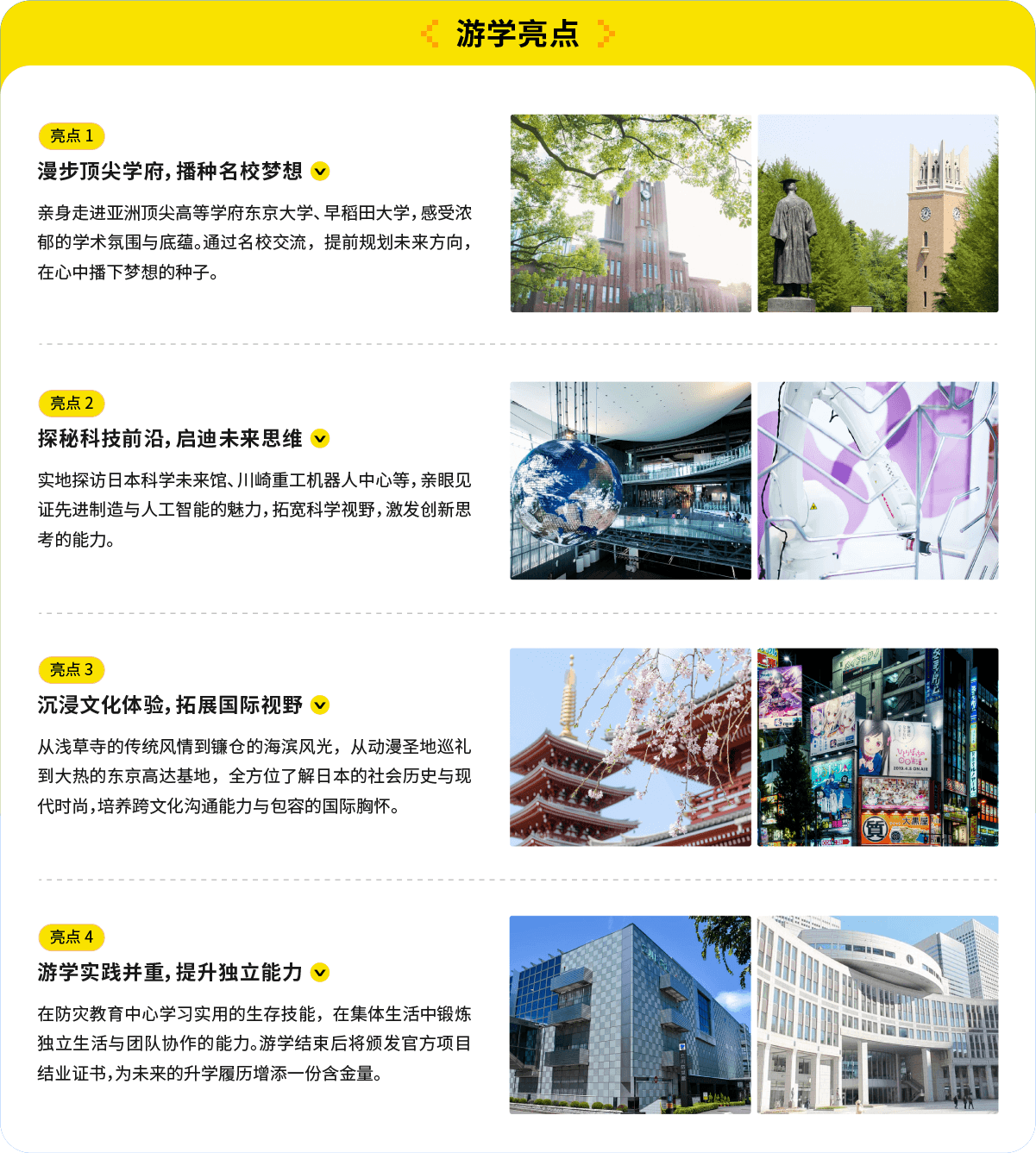 游学核心亮点：

亮点1

漫步顶尖学府，播种名校梦想

亲身走进亚洲高等学府东京大学、早稻田大学，感受浓郁的学术氛围与底蕴。通过交流，提前规划未来方向，在心中播下梦想的种子。

亮点2

探秘科技前沿，启迪未来思维

实地探访日本科学未来馆、川崎重工机器人中心等，亲眼见证先进制造与人工智能的魅力，拓宽科学视野，激发创新思考的能力。

亮点3

沉浸文化体验，拓展国际视野

从浅草寺的传统风情到镰仓的海滨风光，从动漫圣地巡礼到大热的东京高达基地，全方位了解日本的社会历史与现代时尚，培养跨文化沟通能力与包容的国际胸怀。

亮点4

游学实践并重，提升独立能力

在防灾教育中心学习实用的生存技能，在集体生活中锻炼独立生活与团队协作的能力。游学结束后将颁发官方项目结业证书，为未来的升学履历增添一份含金量。